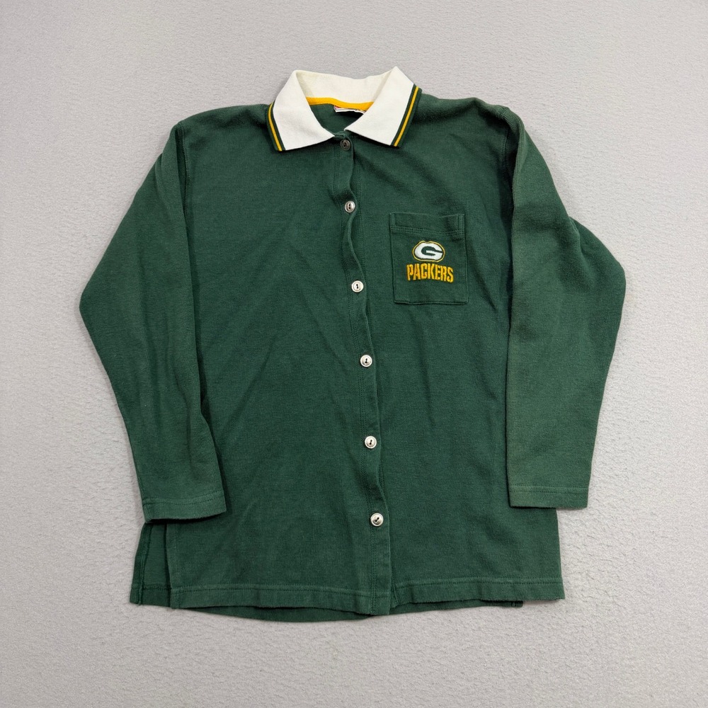 Vintage Green Bay Packers Button Up Shirt Small Green Collared 90s Football